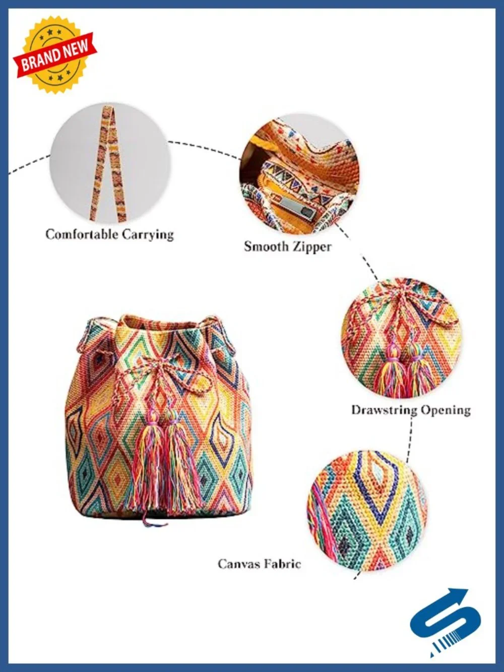 Canvas Tote Bag for Women, Bohemian Bucket Handbag with Tassels, Retro Shoulder